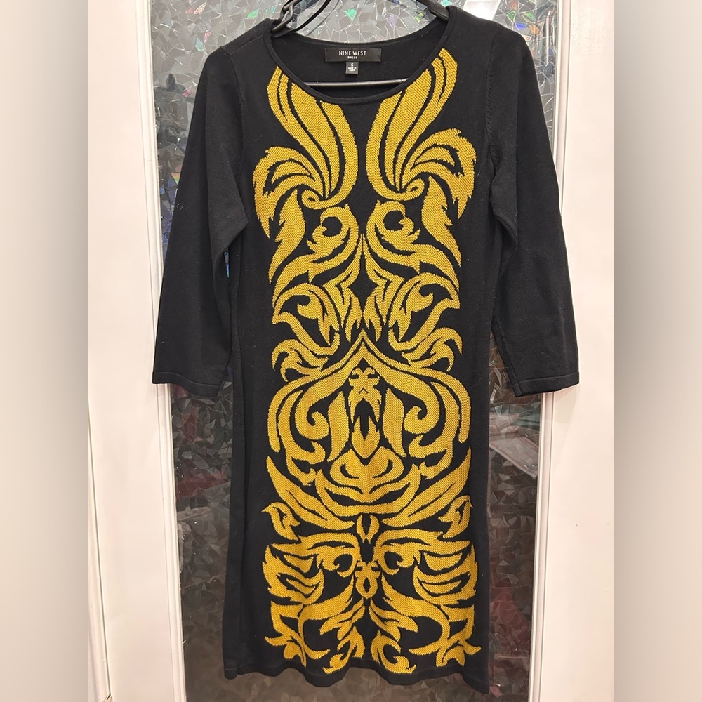 Nine West Yellow and Black Sheath Dress with Cowl Neck (B8)